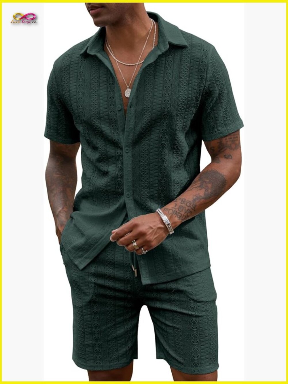 Mens 2 Piece Short Set Summer Beach Outfits Hollow Out Button Down Shirt And